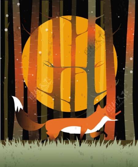 森林里黄色狐狸与圆月背景图