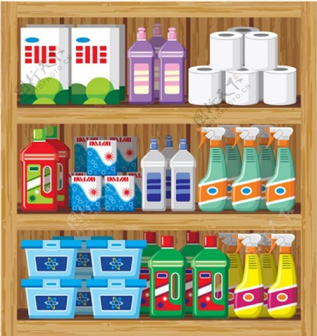 超市商品货架厨房清洁用品矢量图