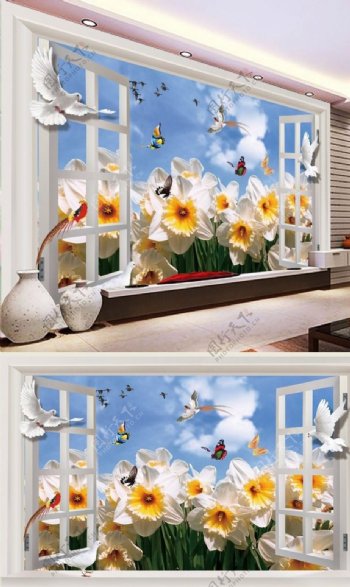 窗外花卉背景墙