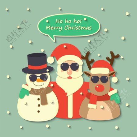 圣诞老人驯鹿雪人戴墨镜