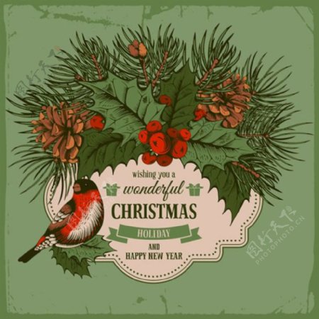 枸骨和鸟圣诞新年贺卡矢量素材下载