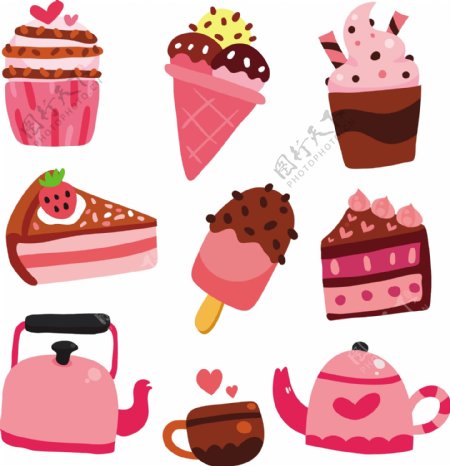 手绘可爱的各种冰激凌蛋糕咖啡插图