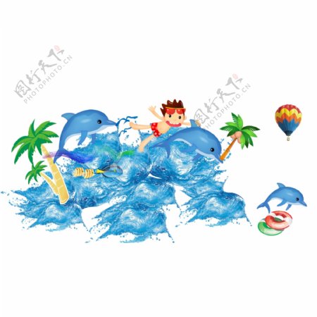 夏天装饰图案海豚蓝色椰子树