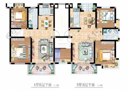 彩色手绘家装户型平面图