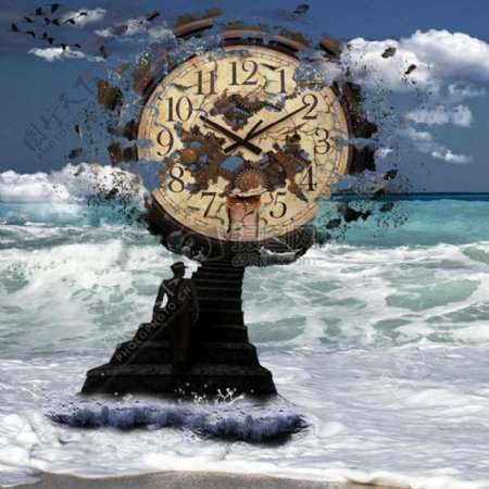 大海中抽象的破碎钟表