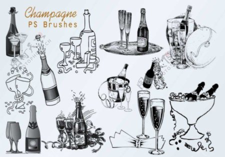 20种香槟图形酒瓶与酒杯Photoshop笔刷素材