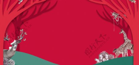 淘宝天猫圣诞节红色卡通动物全屏海报背景