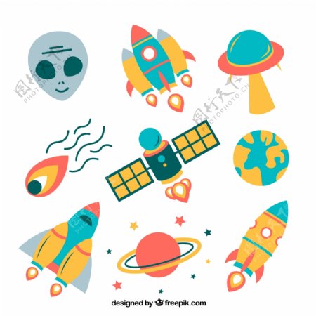 9款火箭飞碟与外星人元素矢量图