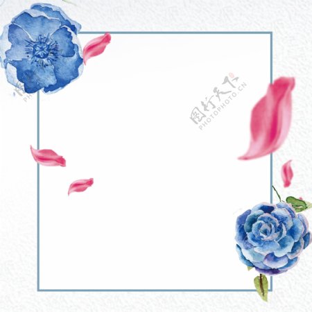 蓝色花朵粉色花瓣树叶边框素材