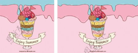 手绘彩色杯装冰淇淋插图背景