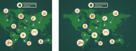 绿色世界地图橙色白底圆形安全图标背景