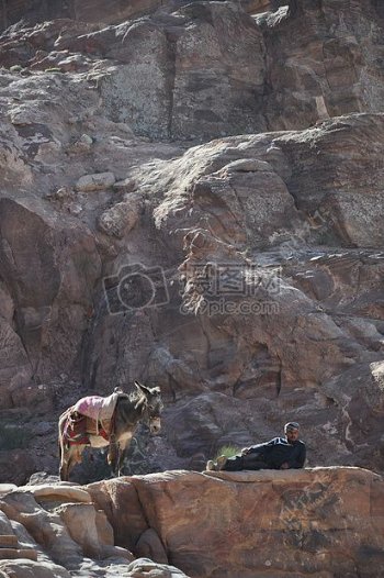 岩石山脉上的驴子和人