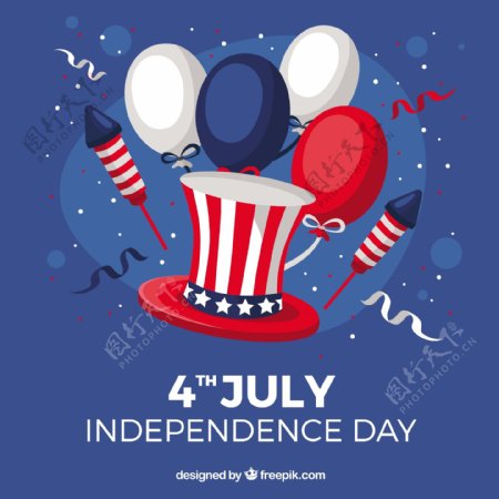 美国独立日帽子和气球烟花背景