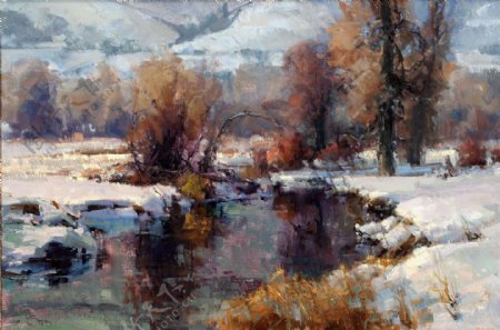 油画冬天雪景图片