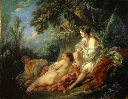 树林里的性感古代美女油画图片
