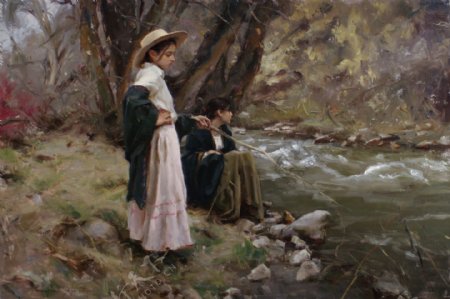 钓鱼的古代欧洲女孩油画图片