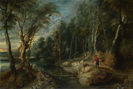 小溪边放羊的西方男人油画图片