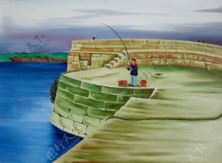 油画钓鱼的儿童图片