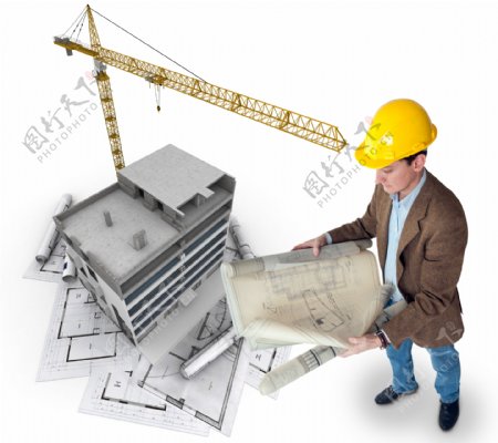 施工工人与3D建筑图片