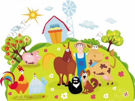 牧场的农民和动物