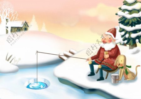 手绘圣诞老人钓鱼雪景