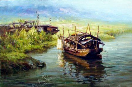 木船风景油画图片