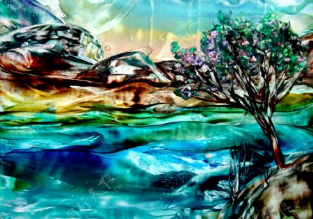 油画海洋树木图片