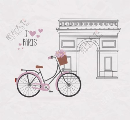 浪漫巴黎单车插画