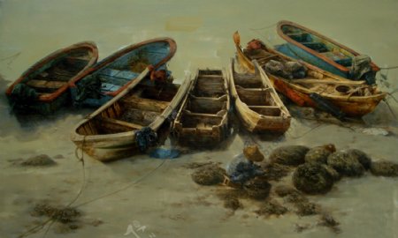 海岸边的木船油画图片