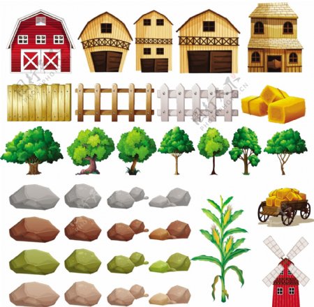 一套农场物件和建筑物的插图