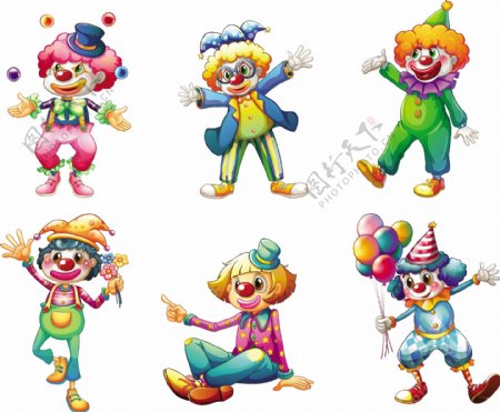 白色背景下六种不同小丑服装的插画