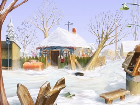 卡通冬天雪景插画图片