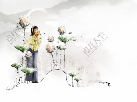 植物花卉插画与美女等PSD分层素材