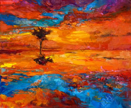 抽象天空树木油画图片