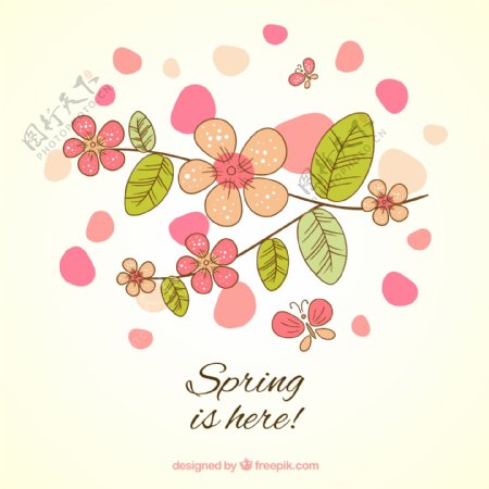 春季卡通花卉与蝴蝶矢量图