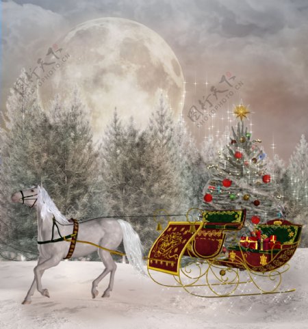 拉着圣诞树的马车图片