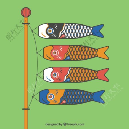 4款彩色鲤鱼旗设计矢量素材
