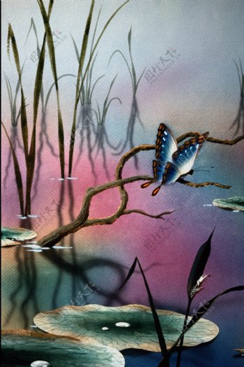 湖泊蝴蝶油画图片