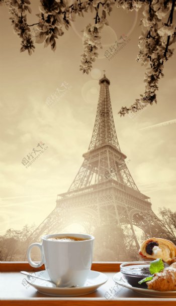 巴黎铁塔和咖啡面包图片