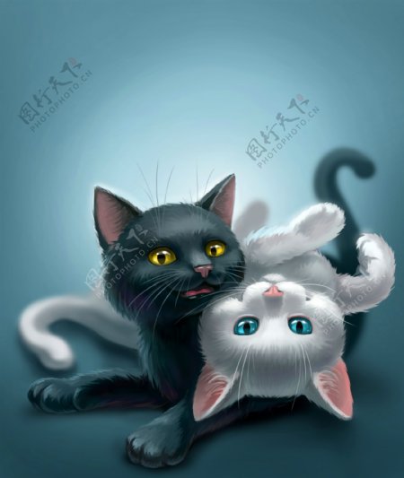 卡通黑猫与白猫图片