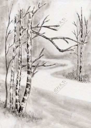 水墨风景冬日的路图片图片