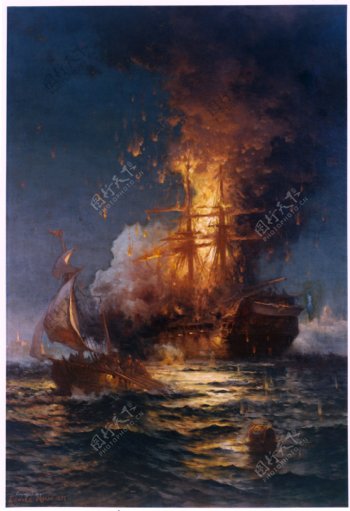 油画燃烧的船只图片