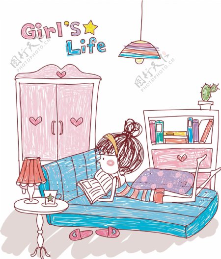 趴在床上看书的女孩