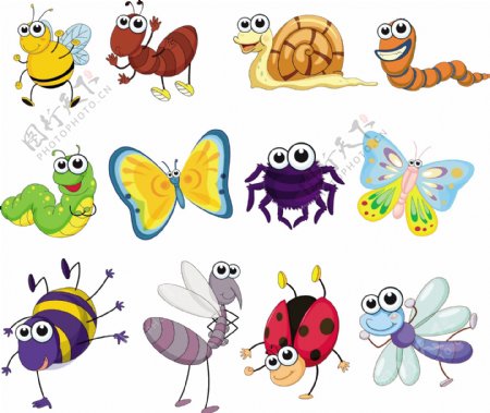 一组卡通抽象彩色昆虫小动物