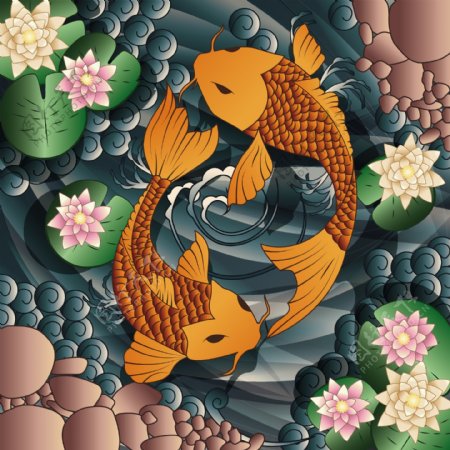 中国风手绘金色锦鲤