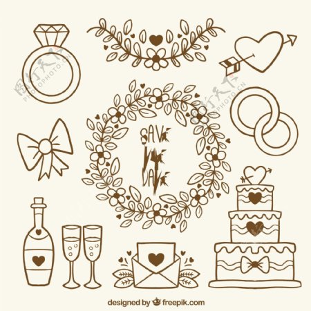 手绘各种婚礼物品插图