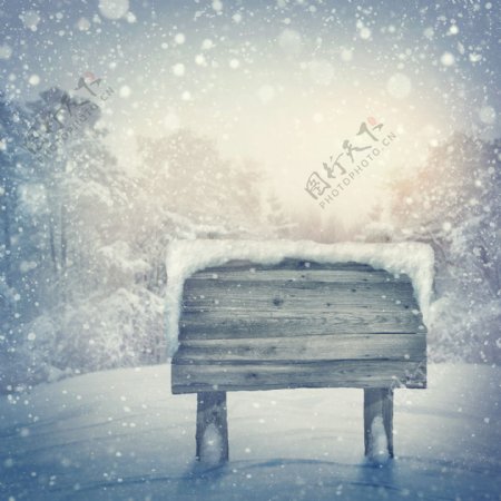 冬日雪花中的木板图片