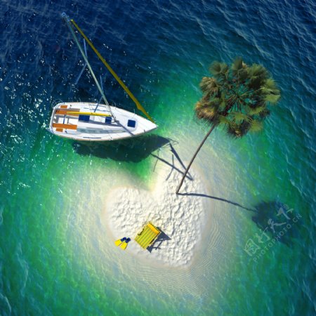 帆船与心形小岛风景图片