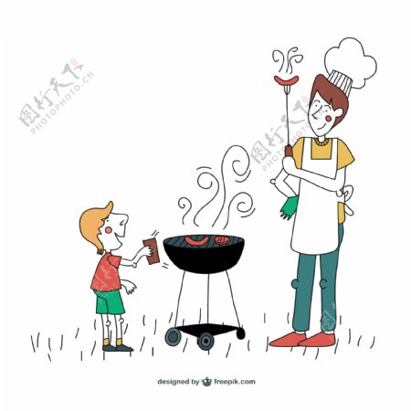 父亲和儿子在烧烤