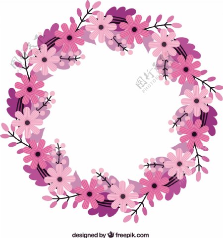 手画的花花环在粉红色和紫色的色调